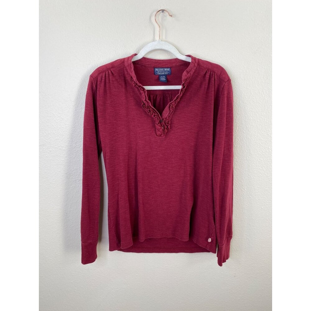 Ralph Lauren Polo Jeans Co Womens XL Burgundy Cotton Long Sleeve Ruffle Neck
